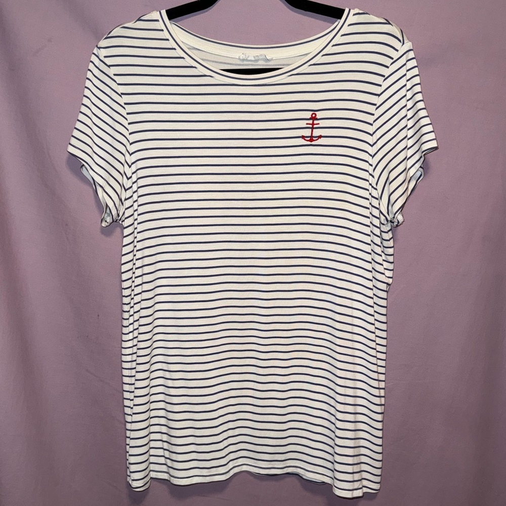 Striped White and Navy Stretchy Women's Top with Red Anchor Accent (L)